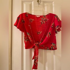 Gorgeous rich red floral tie blouse